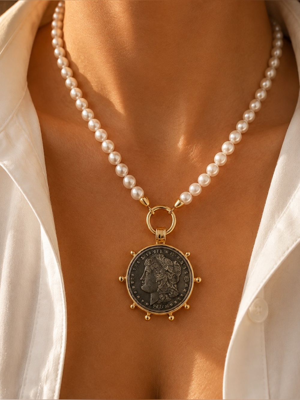 Vintage-Inspired Pearl & Coin Pendant Necklace